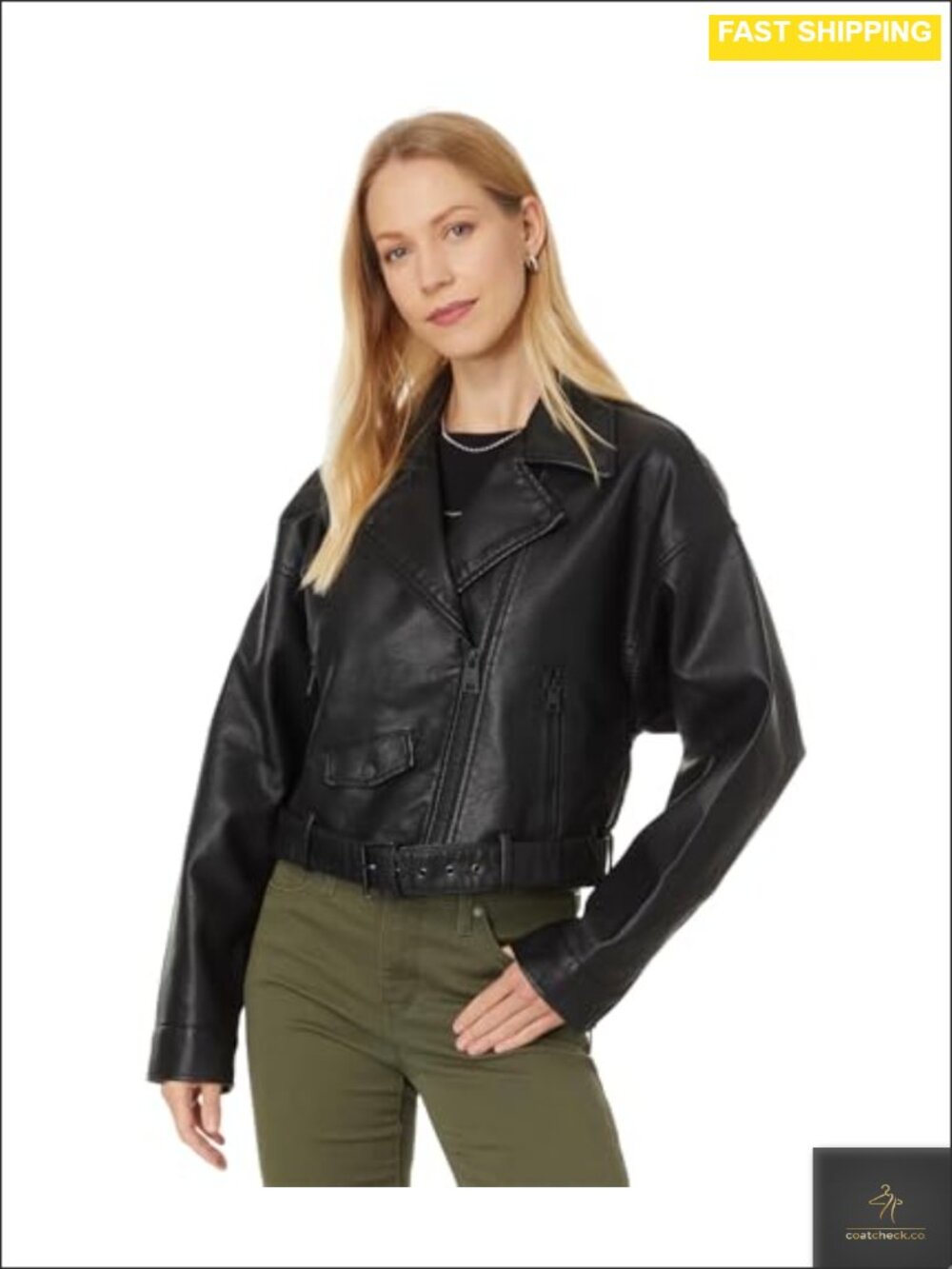 Faux Leather Cropped Moto Jacket Relaxed Drop Shoulder Belted Asymmetrical Zip